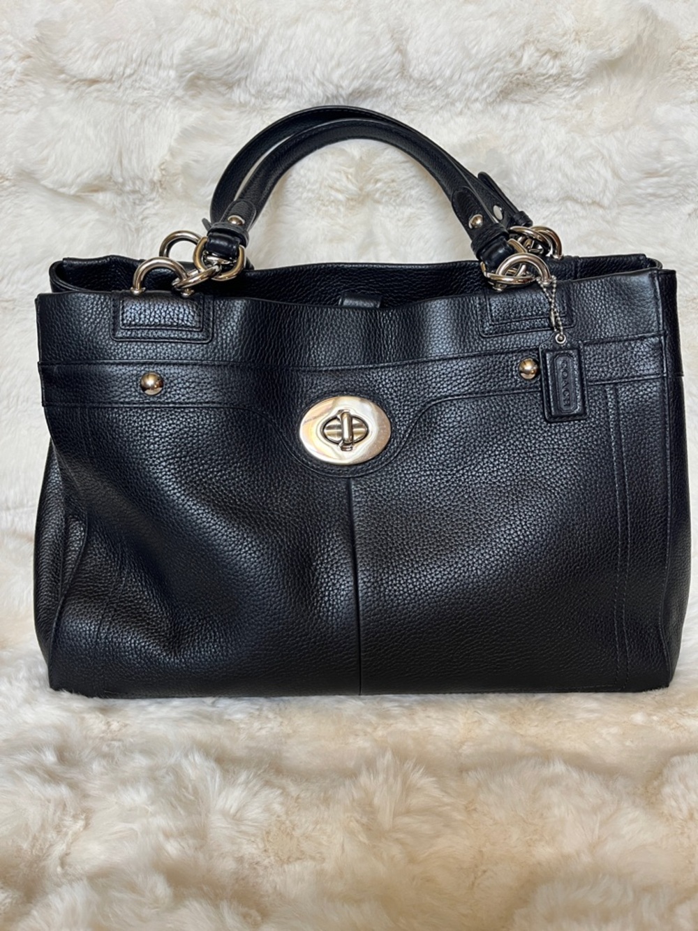 Coach Pebbled Leather Turnlock Satchel - Black